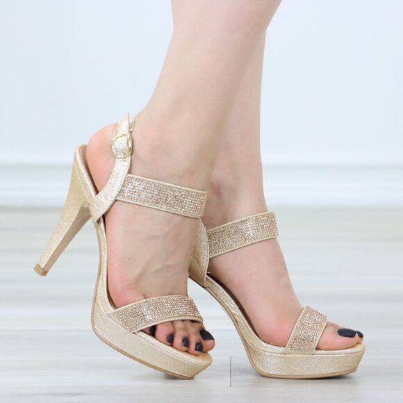 Sparkly Rhinestone Glitter Champagne Platform Ankle Bracelet Open Toe High Heel - Picture 6 of 14